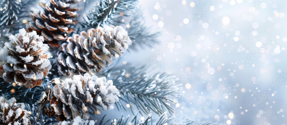 Poster a festive christmas themed border design featuring pinecones covered in snow against a copy space im
