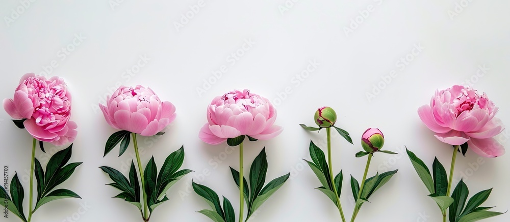 Poster white background displays five pink peonies with short stems and lush green leaves in a serene image