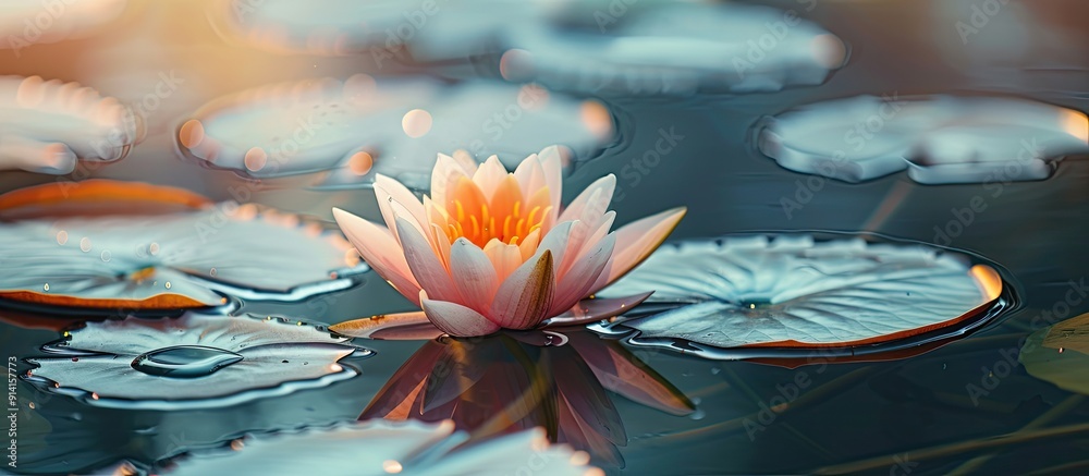 Poster Side view of a blooming small lotus in a pond suitable as a mobile wallpaper or background with copy space image