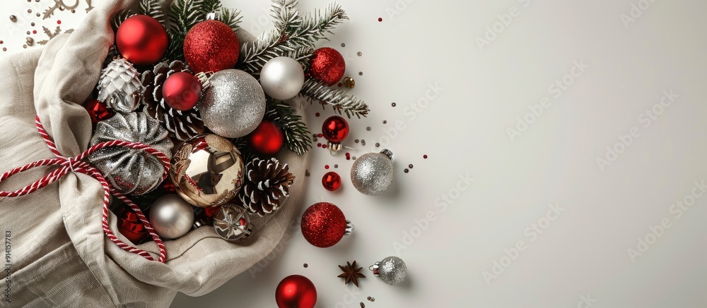 Poster A festive array of decorations spill out of a bag onto a white table creating a Christmas themed setting with a winter holiday vibe and ample copy space image for a top view