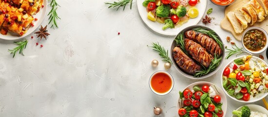 Festive holiday meals displayed on a bright backdrop with ample copy space image
