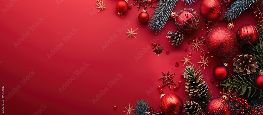 Aufkleber Red background with festive decorations fir branches and bokeh ideal for Winter holidays like Christmas and New Year Top view flat lay with a perfect copy space image for a Happy New Year message