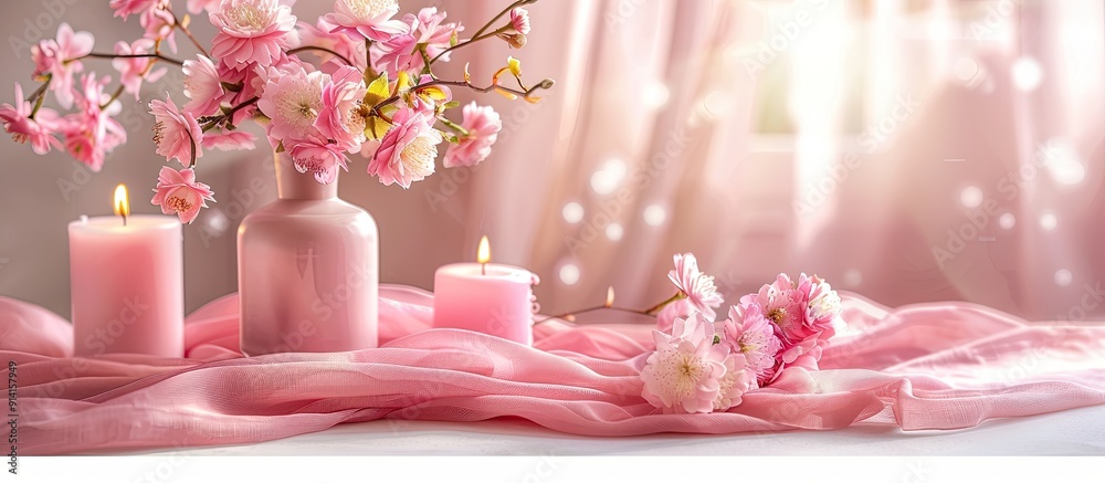 Poster a table covered with pink fabric featuring a vase of flowers and pink candles creating a soothing am