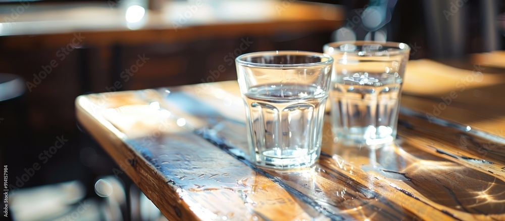 Aufkleber on a wooden table inside there are two glasses of water with a copy space image