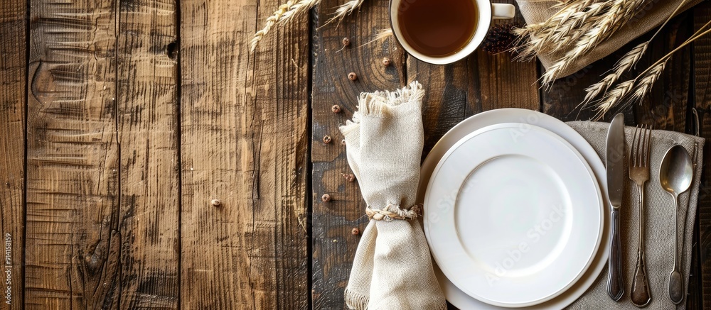 Poster view from above showing a dining table set with a mock up plate silverware cup napkin and golden whe