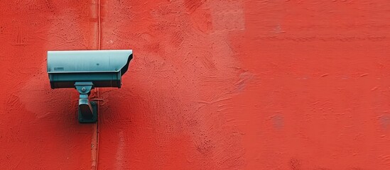 Minimalistic photo of a CCTV camera against a red wall with copy space image
