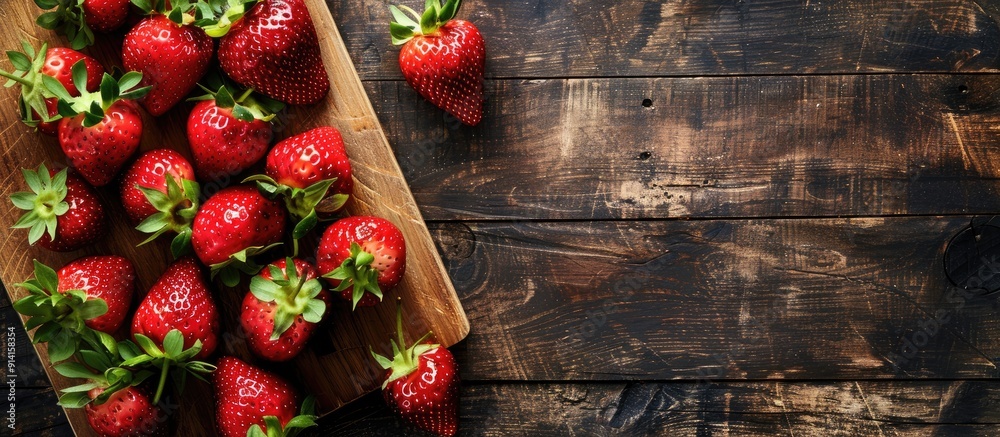 Poster strawberry displayed on a wooden cutting board with copy space image