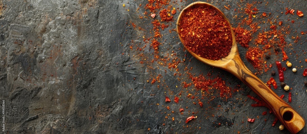 Poster wooden spoon filled with crushed paprika displayed on a stone table with ample copy space for custom