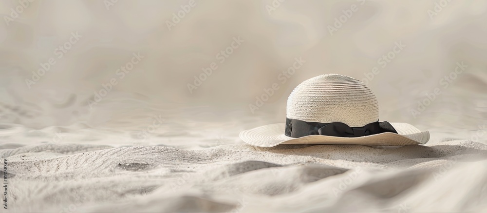Poster elegant hat for women displayed on a sandy surface with a backdrop that offers space for inserting a