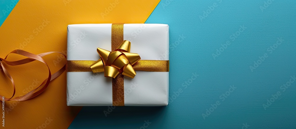 Poster a holiday gift beautifully wrapped in white paper with a gold ribbon on a colorful background the pr