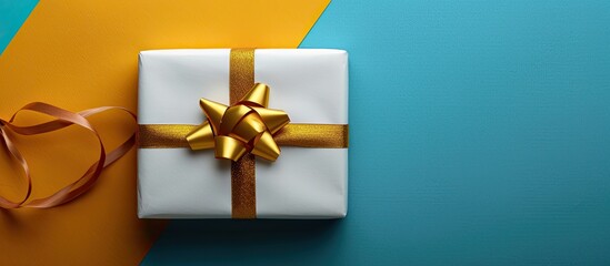 A holiday gift beautifully wrapped in white paper with a gold ribbon on a colorful background The present is displayed with copy space in a top down view