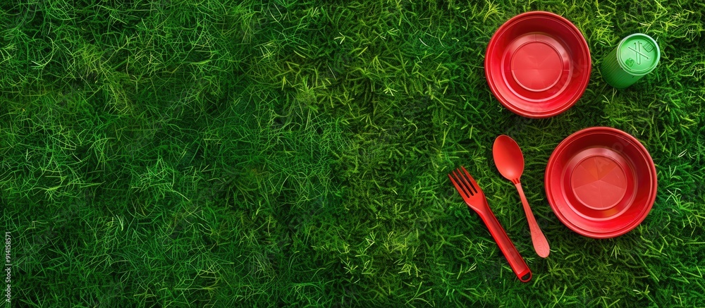 Poster Red plastic tableware placed on green grass with a moss background in a top view setting urging the ban of single use plastic with copy space for an image
