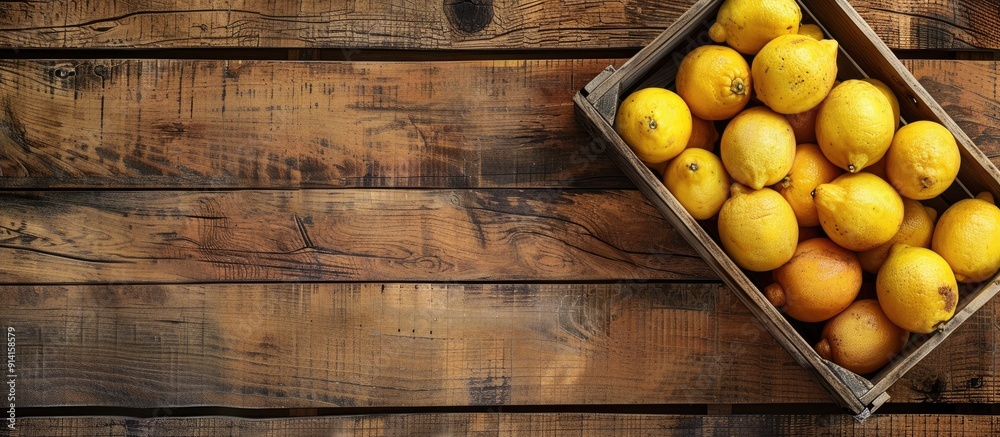 Leinwandbilder Top down view of a wooden table with a wooden crate filled with fresh lemons providing ample space for adding text or an image