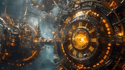 Obraz premium Steampunk Clockwork City with Transparent Gears and Cogs Time Concept