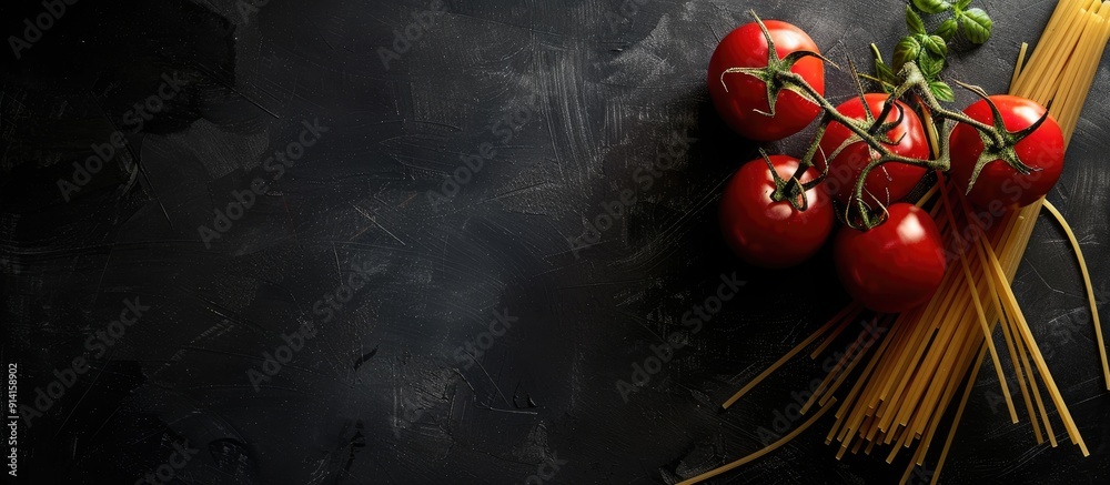 Poster Red tomatoes and spaghetti on a black background with a copy space image available