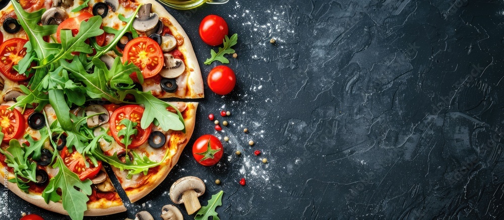 Poster italian pizza topped with mozzarella tomato olives mushrooms and arugula on a background with copy s