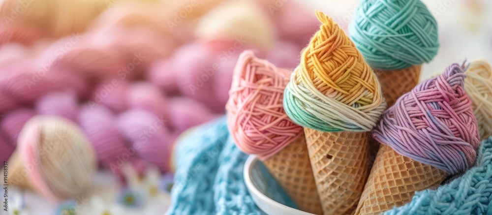 Aufkleber Engage in a soothing pastime creating vibrant yarn waffle cones with organic cotton Relax and unwind with this comforting hobby to alleviate stress Copy space image