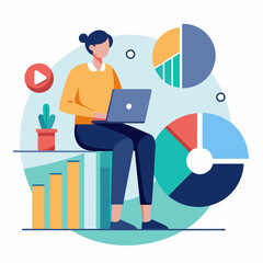 person sitting on a bar chart while using vector illustration