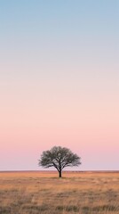 Obraz premium acacia tree in the savannah, with a clear sky and a pinkish tint on one side