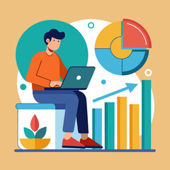 person sitting on a bar chart while using vector illustration