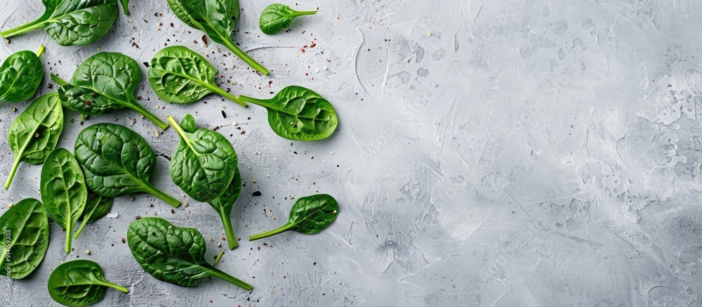 Poster fresh spinach leaves on light gray backdrop perfect for healthy organic meal enthusiasts top down vi