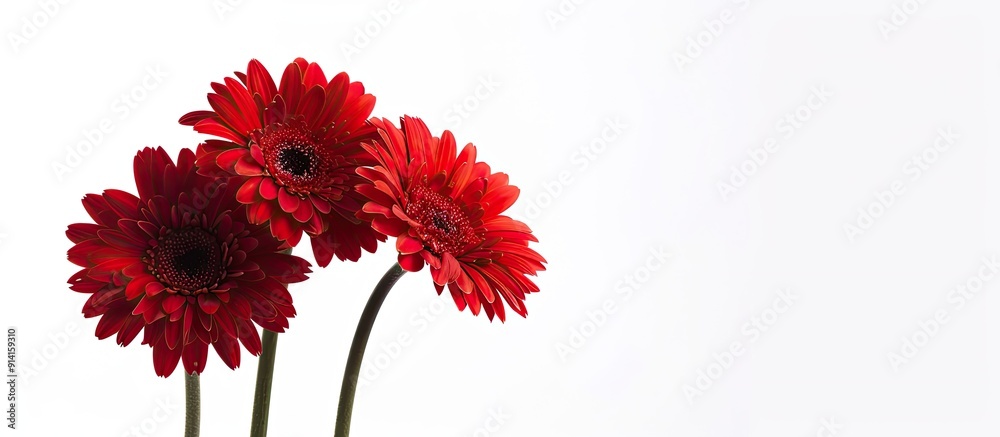 Poster red gerbera flowers against a white backdrop with ample copy space image available