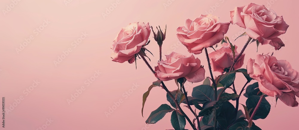 Poster A lovely display of roses on a soft pastel backdrop with room for adding text in an image meant for a minimalist design concept. Creative banner. Copyspace image