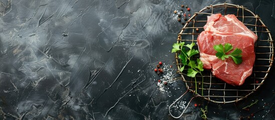 Top view background with a succulent and wholesome raw pork meat dish in a grilling net perfect for keto or paleo menus offering ample copy space image