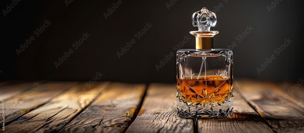 Poster perfume bottle displayed on a wooden surface against a black backdrop with copy space image