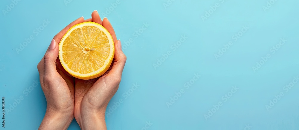 Poster Fresh lemon held against a blue backdrop in a flat lay top view setting with ample copy space illustrating a dietary concept revolving around healthy eating