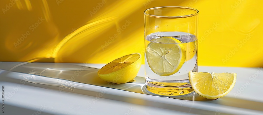 Poster fresh glass of water with lemon on a bright background perfect for a copy space image