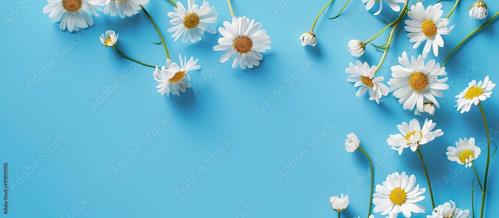 Poster spring themed design template featuring delicate white camomile flowers on a vibrant blue background