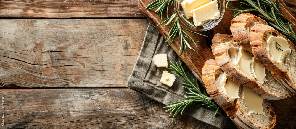 Aufkleber Rustic wooden board featuring fresh bread slices butter and rosemary on a soft background with copy space image