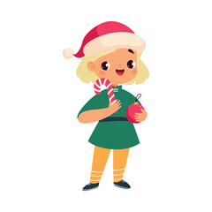 Girl Character in Santa Hat with Candy Cane Celebrate Christmas Holiday at Winter Vector Illustration