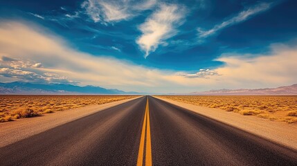 Fototapeta premium A straight desert road stretching into the horizon, with dramatic skies and space for inspirational text.