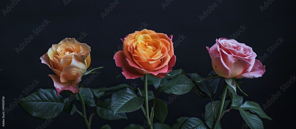 Poster Three beautiful roses set against a dark black backdrop creating an ideal copy space image