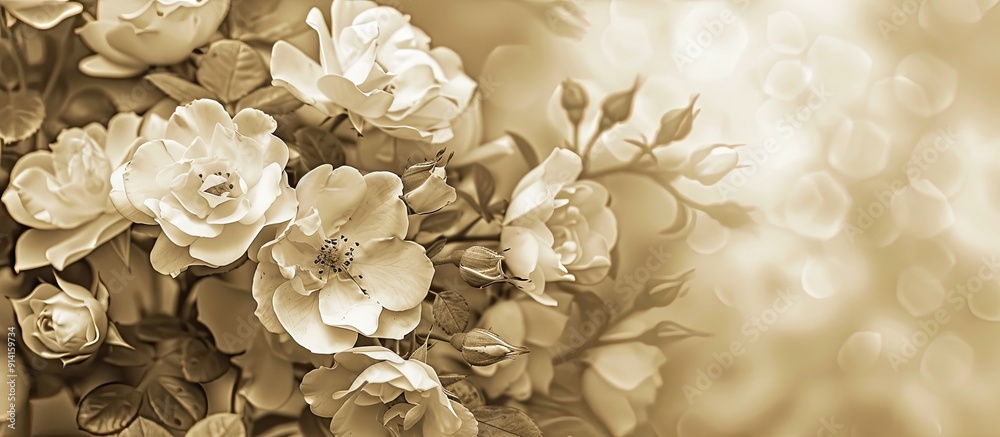 Poster A festive floral backdrop featuring a bush of blooming white roses with a sepia toned image and room for text or graphics. Creative banner. Copyspace image