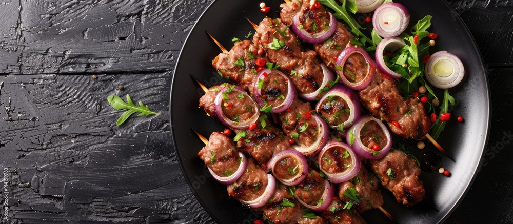 Poster a raw marinated kebab with onions and spices displayed on a black plate in a top view with available