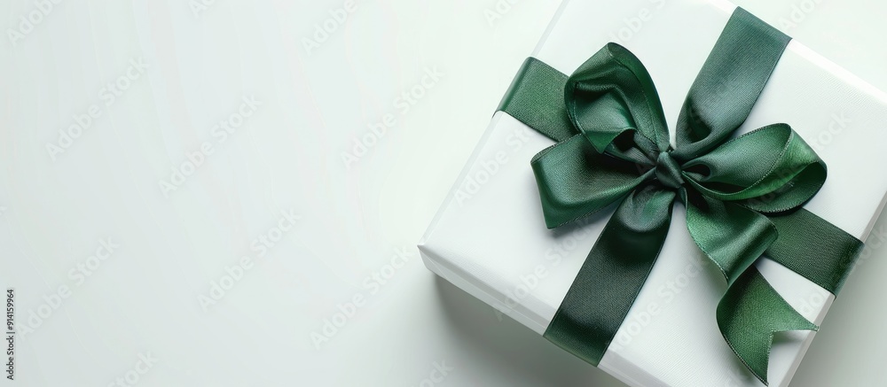 Poster top view of a white gift box with a green ribbon bow on a white background suitable for both christm