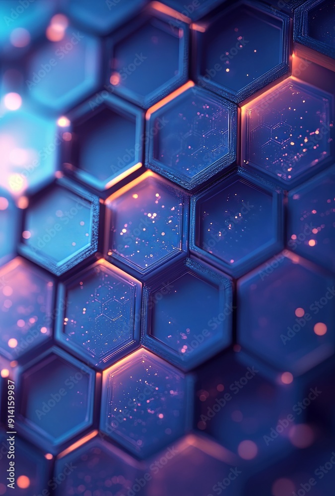 Poster an abstract background with hexagonal patterns and cool tones, evoking a futuristic and technologica