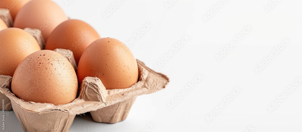 Poster Fresh raw chicken eggs in a brown carton bought from a market are easy to purchase cook and enjoy for good health Isolated on a white background with copy space image