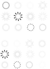 Set Fireworks, rays, sunburst frames circle border decoration, sparkle in doodle style, line sketch explosion isolated on white background.