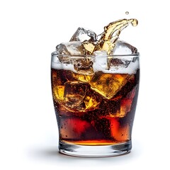 Refreshing Carbonated Soda Splash in Transparent Glass with Ice Cubes on White Background
