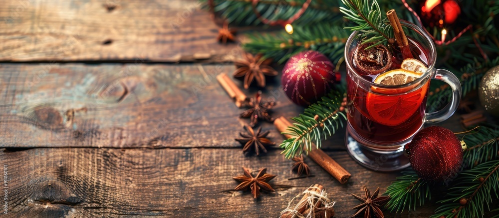 Aufkleber festive ambiance with a christmas themed table setting including mulled wine a sprig of fir tree dec