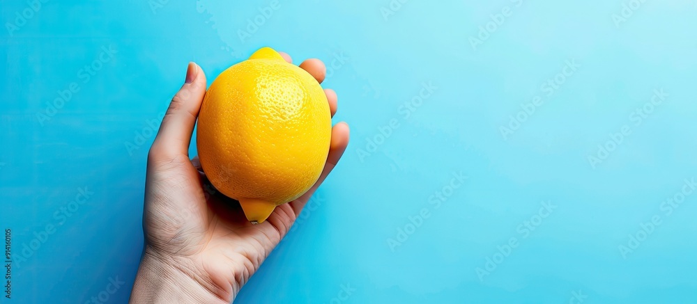 Aufkleber Fresh lemon held against a blue backdrop in a flat lay top view setting with ample copy space illustrating a dietary concept revolving around healthy eating