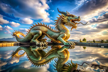 Fototapeta premium A large green dragon statue is reflected in a body of water. The dragon is surrounded by clouds, giving the scene a serene and peaceful atmosphere