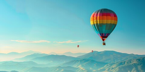 Obraz premium Colorful hot air balloon flying over misty mountains.