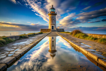 Fototapeta premium A lighthouse is reflected in a body of water. The water is calm and the sky is blue