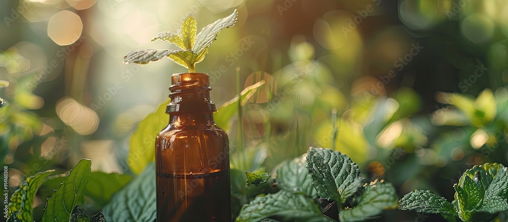 Poster selective focus on a bottled peppermint essential oil in a nature themed setting with copy space ima