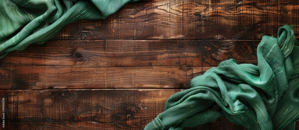 Aufkleber Top view of an empty wooden table with a green tablecloth showcasing a rustic backdrop and space for inserting images or text. Creative banner. Copyspace image